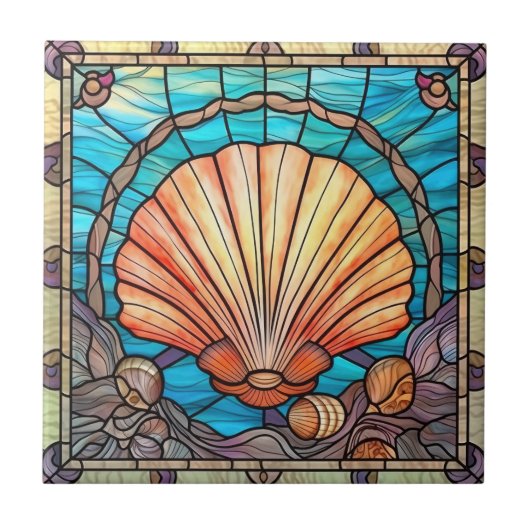 Blaues Orange Seashell Hartglas Fliese (Vorderseite)