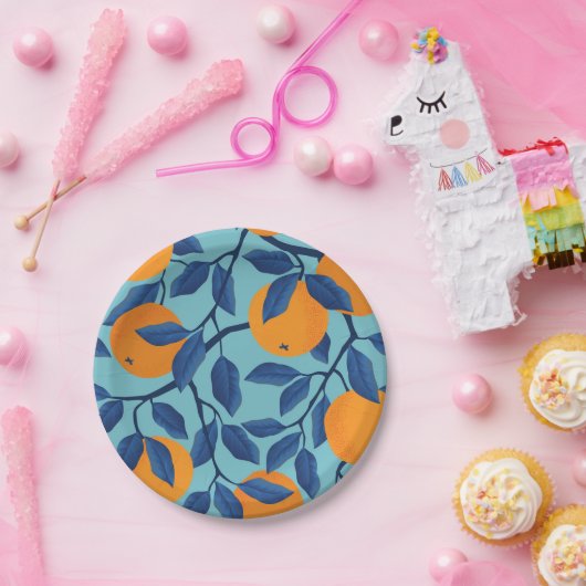 Blaues Orangenzweigmuster Pappteller (Party)