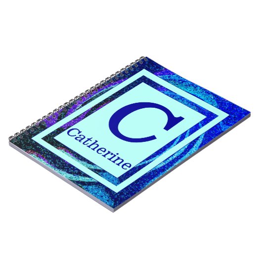 Blaues Ozean-Mosaik-Rahmen-Monogramm und Name Notizblock (Linke Seite)
