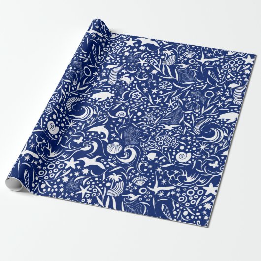 Blaues Ozeanmuster | Dolphin Wave Muschel Crab Geschenkpapier (Ungerollt)