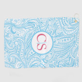 Blaues Paisleymuster und rosa Monogramm Golfhandtuch (Horizontal)
