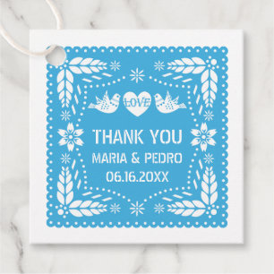 Blaues Papel-Picado liebt Vögel Hochzeit Fest Geschenkanhänger