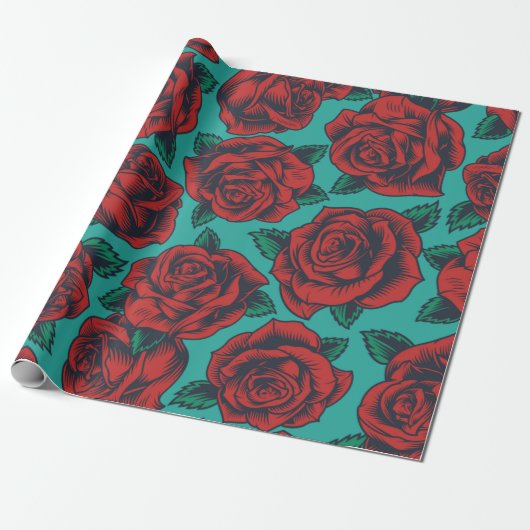 Blaues Papier mit Rote Rosen Geschenkpapier (Ungerollt)