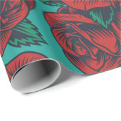 Blaues Papier mit Rote Rosen Geschenkpapier (Rolleneckpunkt)