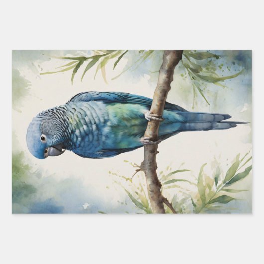 Blaues Parakeet Eukalyptus Decoupage Geschenkpapier Set (Vorderseite)