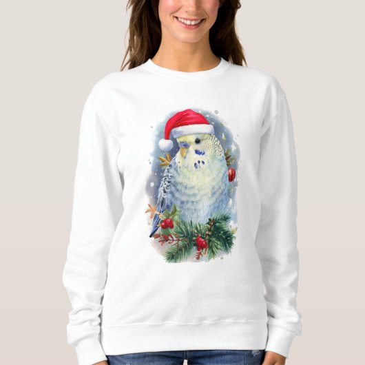 Blaues Paraket in einer Weihnachtsmannmütze Sweatshirt (Vorderseite)