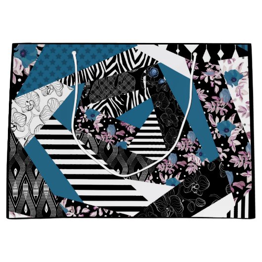 Blaues Patchwork, beliebt, Patchwork, Folk, rustik Große Geschenktüte (Vorderseite)