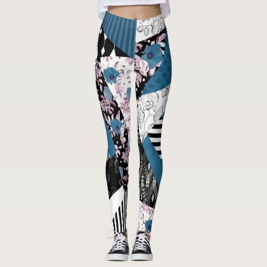 Blaues Patchwork, beliebt, Patchwork, Folk, rustik Leggings (Vorderseite)