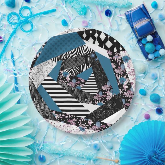 Blaues Patchwork, beliebt, Patchwork, Folk, rustik Pappteller (Party)