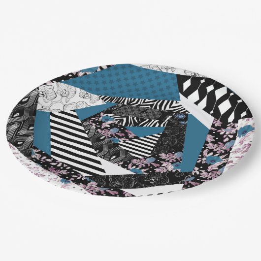 Blaues Patchwork, beliebt, Patchwork, Folk, rustik Pappteller (Schrägansicht)