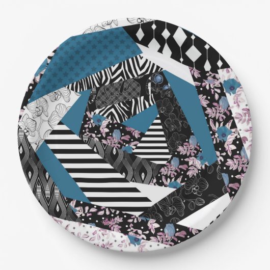 Blaues Patchwork, beliebt, Patchwork, Folk, rustik Pappteller (Vorderseite)
