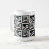 Blaues Patchwork-Muster mit zwei Fotoquadraten Kaffeetasse (Vorderseite Links)