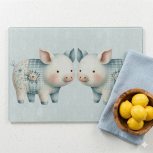 Blaues Patchwork-Schwein Cottagecore-Illustration Schneidebrett