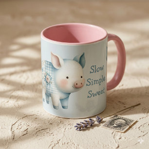 Blaues Patchwork-Schwein Cottagecore-Illustration Tasse