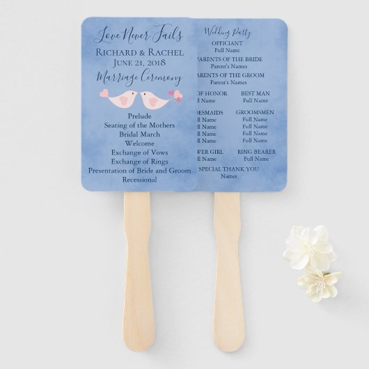 Blaues Pergament Rosa Liebesvögel Fächer (Vorne und Hinten)