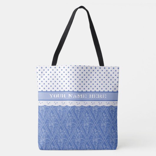 Blaues Periwinkelmuster, Imitate-Spitzen, Polka-Pu Tasche (Vorderseite)