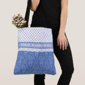 Blaues Periwinkelmuster, Imitate-Spitzen, Polka-Pu Tasche (Von Nahem)