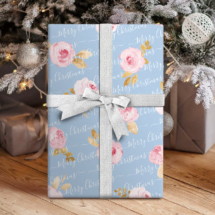Blaues personalisiertes Frohe Weihnachten Schrift Geschenkpapier