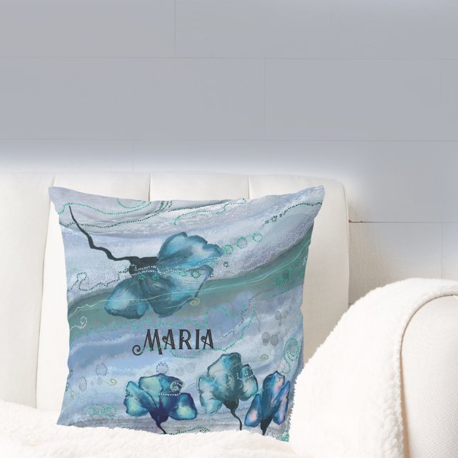Blaues Personalisiertes Marmorkissen Blume Kissen (Blue Personalized Marble Flower Pillow)