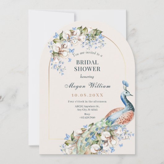 Blaues Pfauenvogel-Brautparty Einladung (Vorderseite)