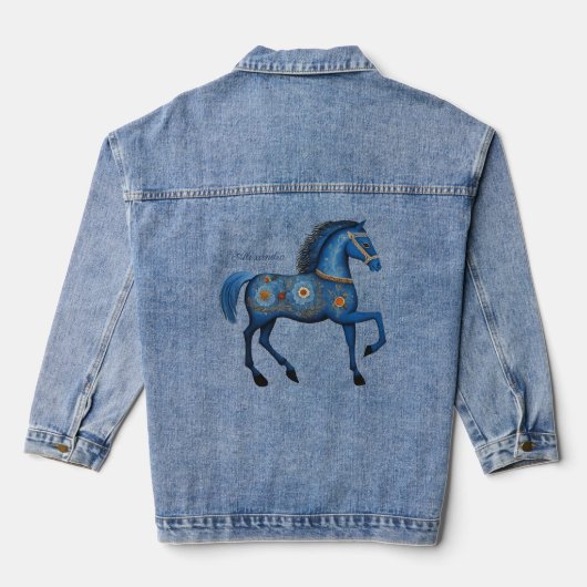 Blaues Pferd BlumenFolk Personalisiert Jeansjacke (Rückseite)