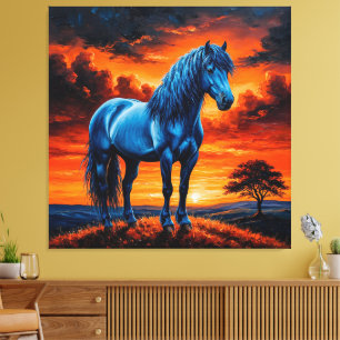 Blaues Pferd in einer lebendigen Sonnenuntergangsl Leinwanddruck