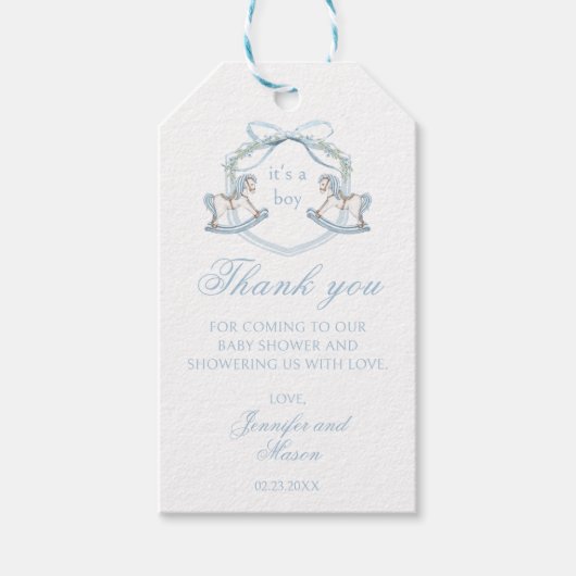 Blaues Pferd Wappen Französische Babydusche Danke Geschenkanhänger (Vorderseite)