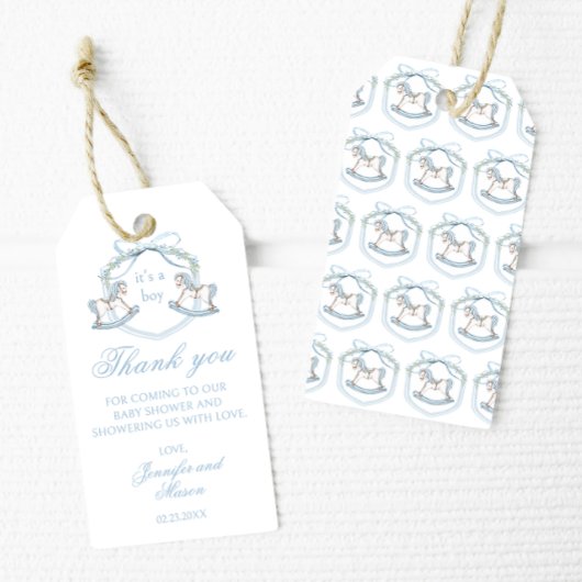 Blaues Pferd Wappen Französische Babydusche Danke Geschenkanhänger