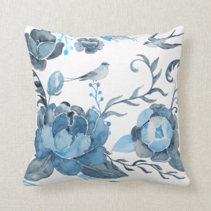 Blaues Pfingstrose und Schwalbe des Aquarells Kissen