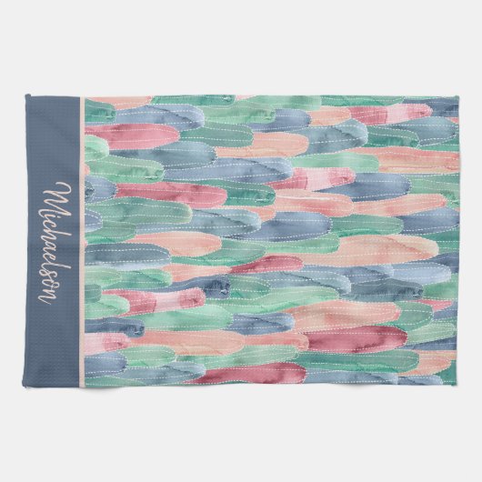 Blaues Pfirsichfarbenes Cacti-Muster Geschirrtuch (Horizontal)