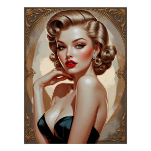 Blaues Pin-up-Porträt inspiriert von Art Deco Poster