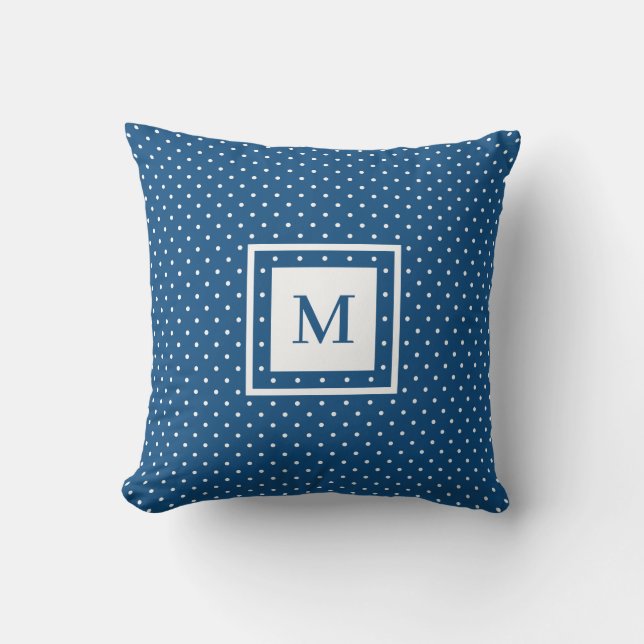 Blaues Polka Dot Muster mit modernem Monogramm Kissen (Vorderseite)