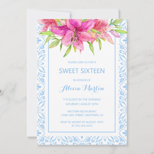 Blaues Portugiesisches Azulejo Tiles Lily 16. Gebu Einladung (Vorderseite)