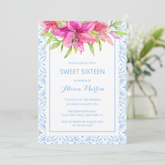 Blaues Portugiesisches Azulejo Tiles Lily 16. Gebu Einladung (Stehend Vorderseite)