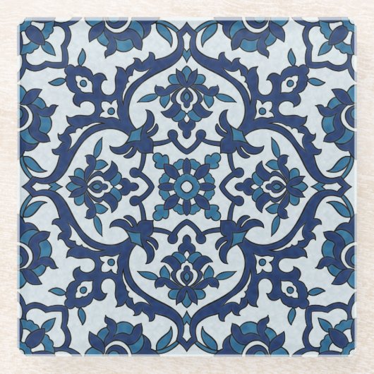 Blaues portugiesisches Azulejos Floral Tile-Muster Glasuntersetzer (Vorderseite)