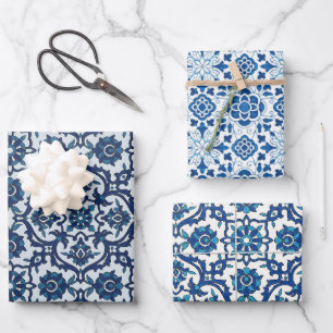Blaues portugiesisches Azulejos-Muster Geschenkpapier Set