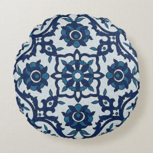 Blaues portugiesisches Azulejos-Muster Rundes Kissen