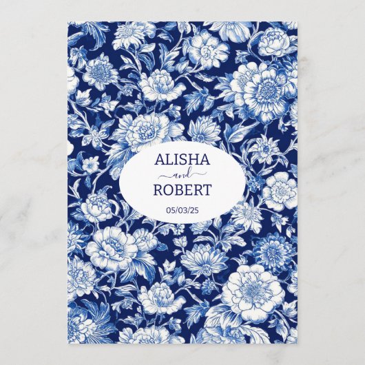 Blaues Porzellan Chinoiserie Blumenmenü Menükarte (Rückseite)