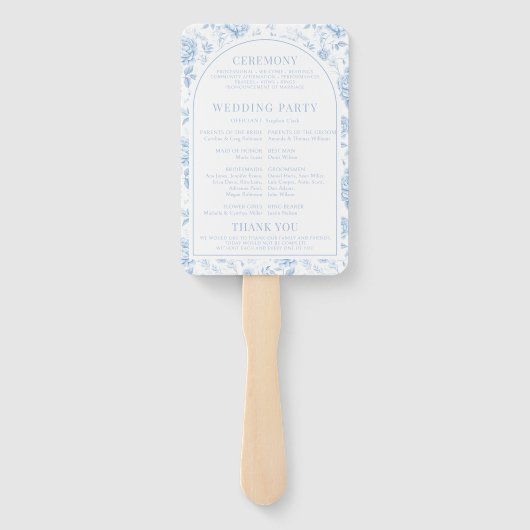 Blaues Porzellan Chinoiserie Hochzeitsprogramm Fächer (Rückseite)