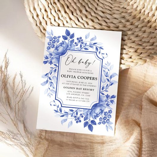 Blaues Porzellan Floral Chinoiserie Babydusche Einladung