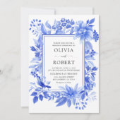 Blaues Porzellan Floral Chinoiserie Hochzeit Einladung (Vorderseite)