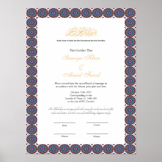 Blaues Rahmen-Muslimisches Nikah-Zertifikat Poster (Vorne)