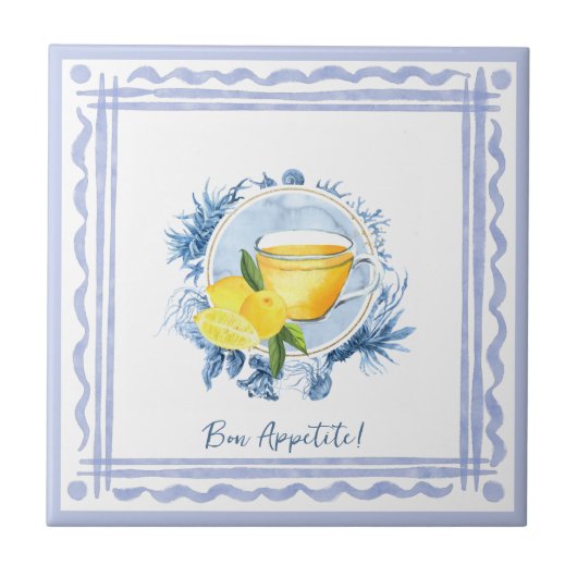 Blaues Rahmen und Zitronenwasser Fliese (Vorderseite)
