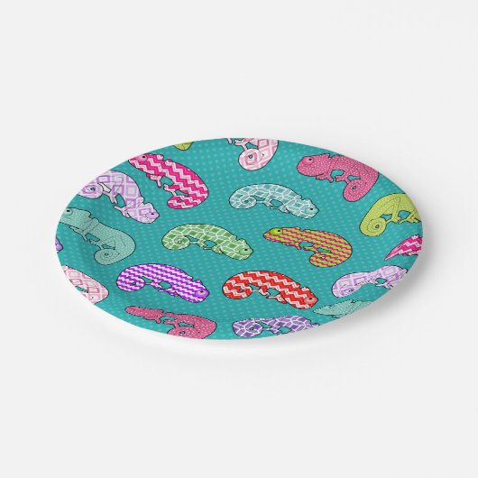 Blaues Regenbogen-Chamäleon-Muster Pappteller (Schrägansicht)