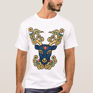 Blaues Reh Goldenes Wolken Geweih Chinesische Kuns T-Shirt
