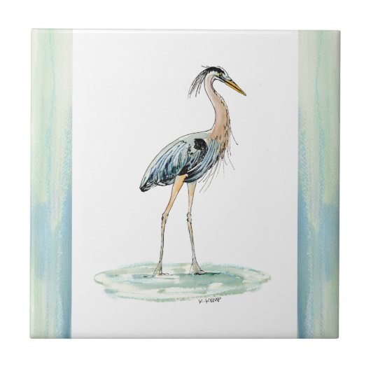 Blaues Reiher-Aquarell Fliese (Vorderseite)