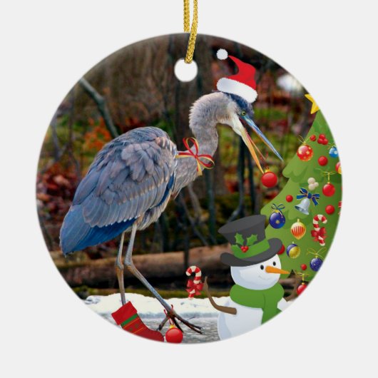 Blaues Reiher-Weihnachten Keramikornament (Vorne)