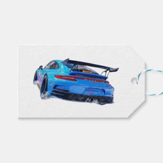 Blaues Rennauto Geschenkanhänger (Vorderseite (Horizontal))