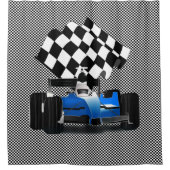 Blaues Rennfahrzeug mit Checkflagge Duschvorhang (Vorderseite)