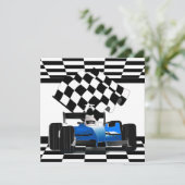 Blaues Rennfahrzeug mit Checkflagge Einladung (Stehend Vorderseite)